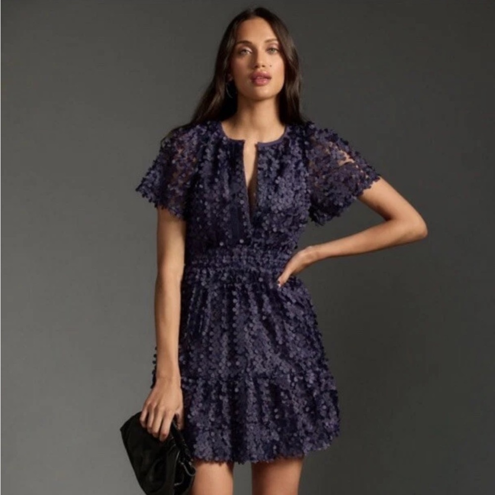 Anthropologie Somerset Mini Dress Floral Appliqué Edition Size XS Navy